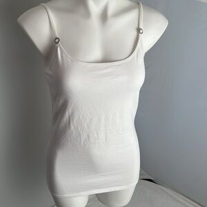 Express white shelf bra tank top with adjustable straps and rhinestone detail